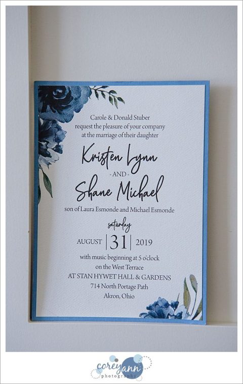 Blue floral wedding invitation by Pink Tomato Creative