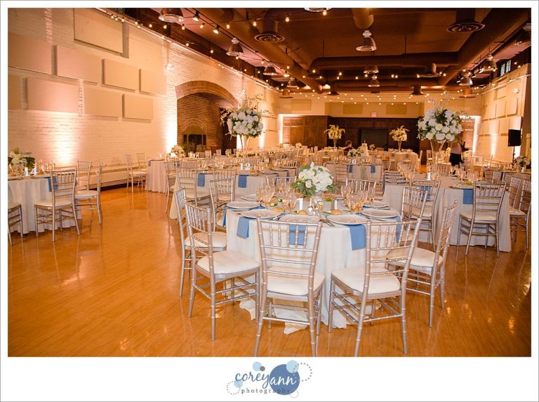 White and blue wedding reception at Stan Hywet