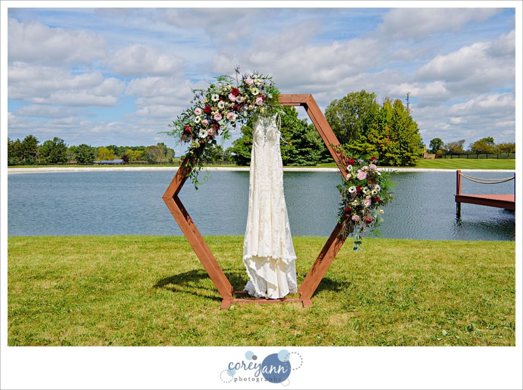 bride's wedding dress on octagon altar