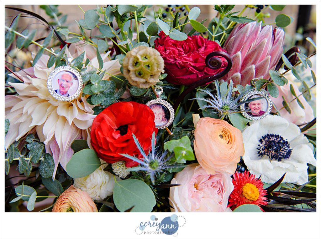 Loved one picture frames in bridal wedding bouquet