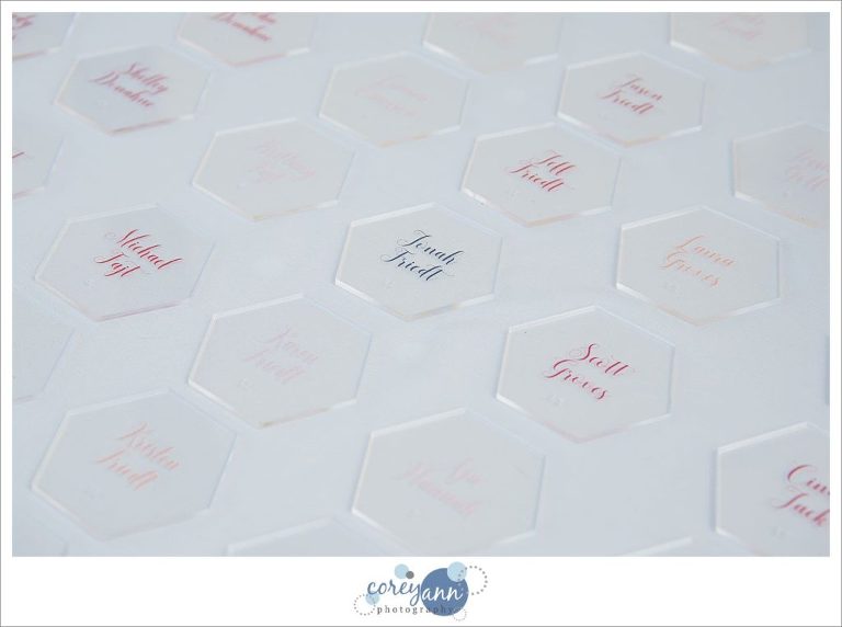 Glass octagon place cards for wedding reception