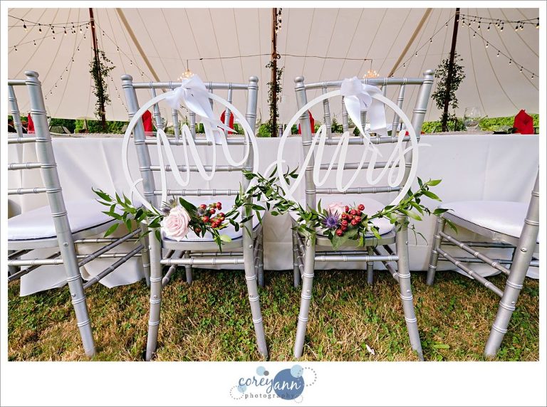 Mr and Mrs signs on wedding reception chairs