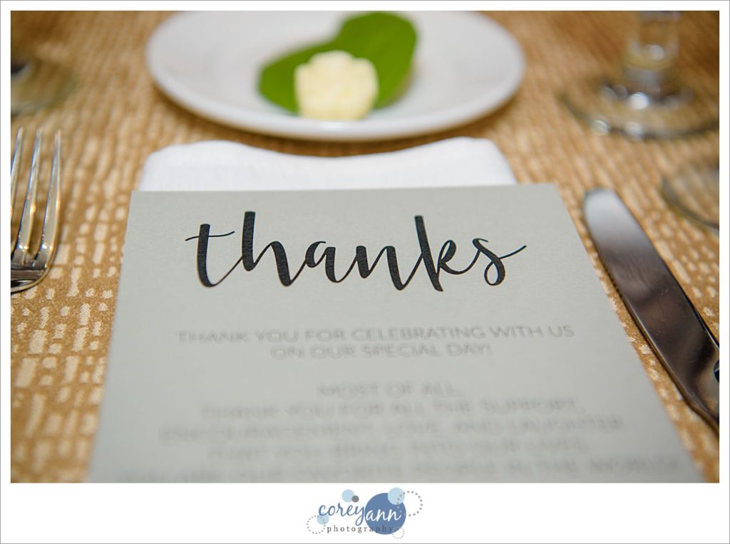 Wedding menu at reception at Sheraton Suites Cuyahoga Falls