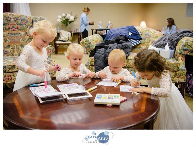 Flower girls coloring before ceremony at Parkside Church