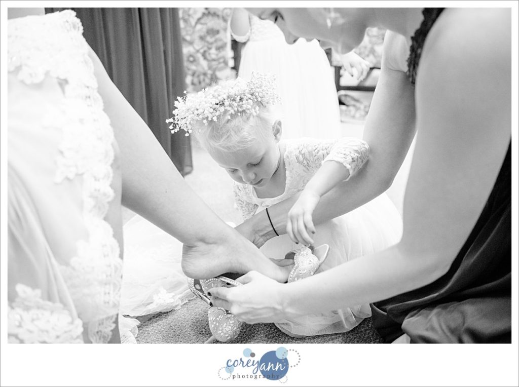 Bride getting dressed for wedding ceremony at Parkside Church