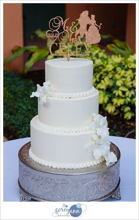 Wedding cake at Wedding Reception at Swan Courtyard in Walt Disney World