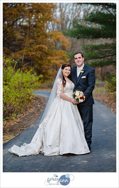 Bride and groom pose for wedding photo in November in Westlake Ohio