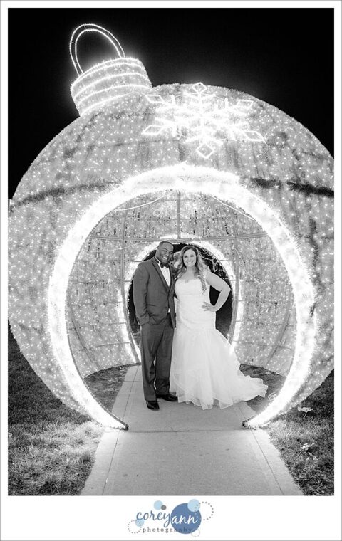 Winter wedding photos in Strongsville with Christmas Lights