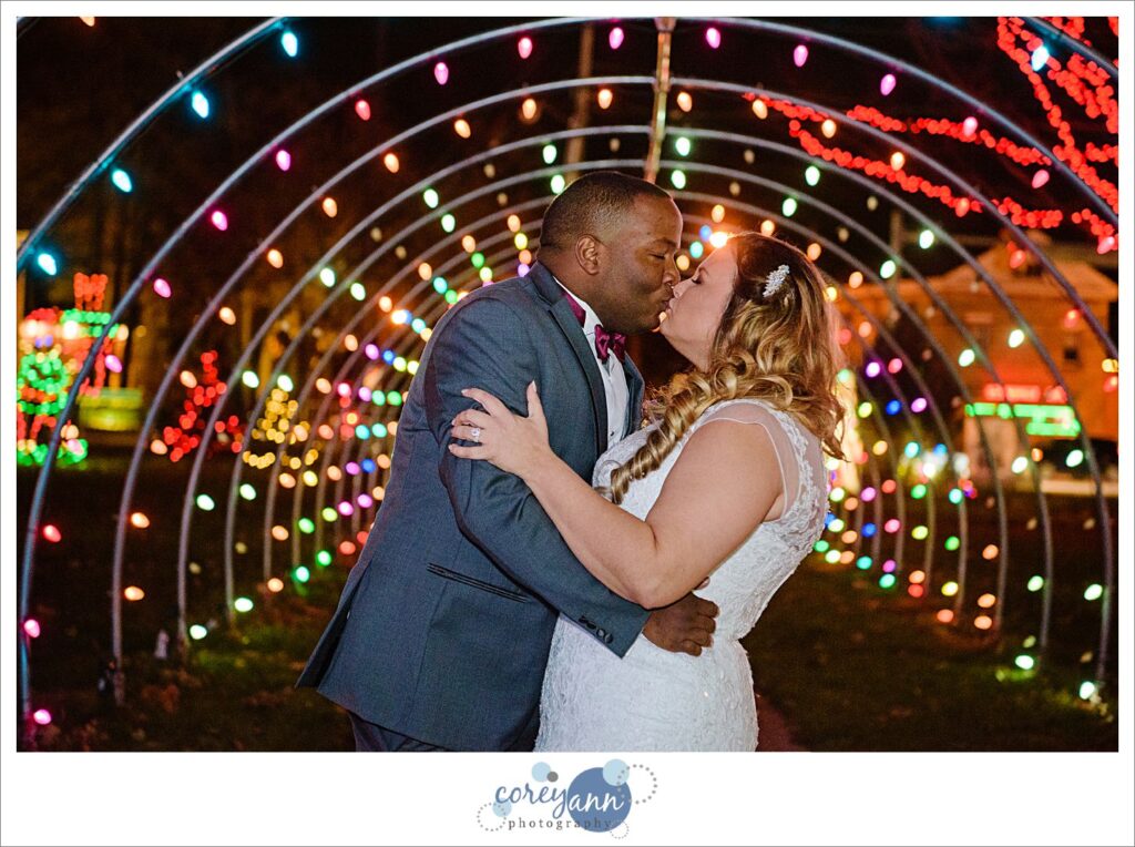 Winter wedding photos in Strongsville with Christmas Lights