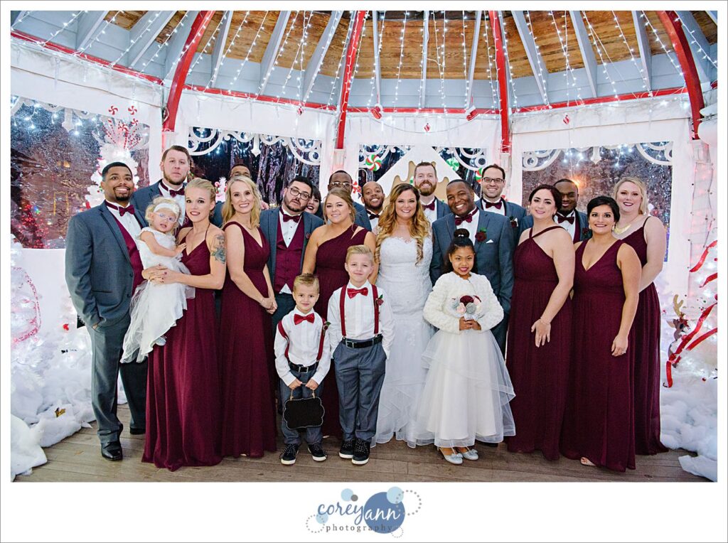 Winter wedding photos in Strongsville with Christmas Lights