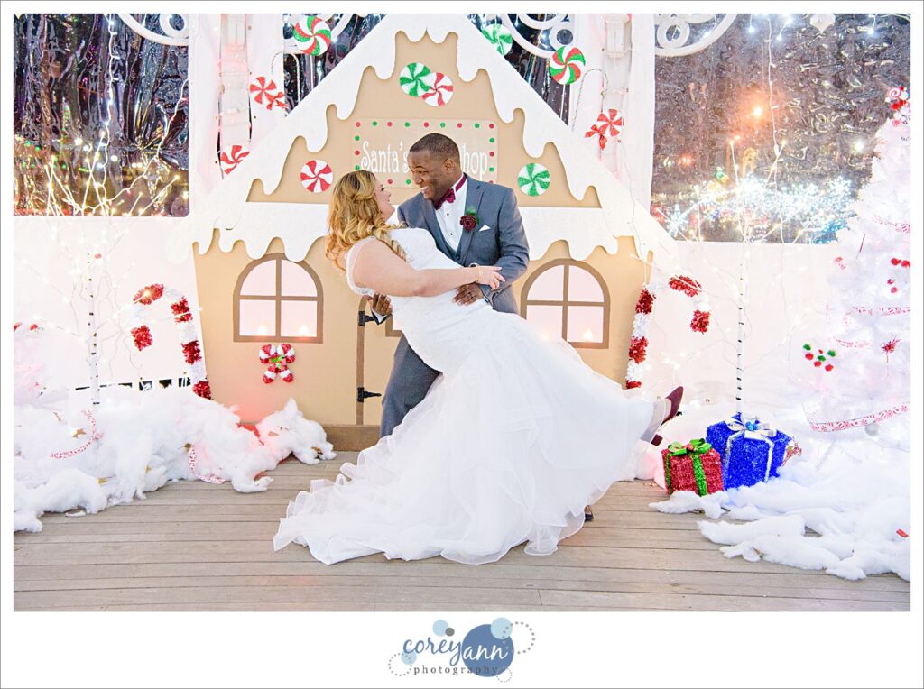 Winter wedding photos in Strongsville with Christmas Lights