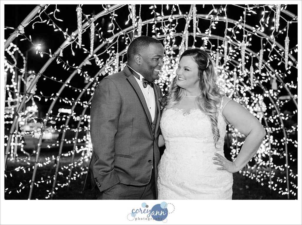 Winter wedding photos in Strongsville with Christmas Lights