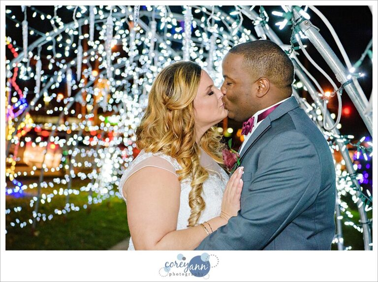 Winter wedding photos in Strongsville with Christmas Lights