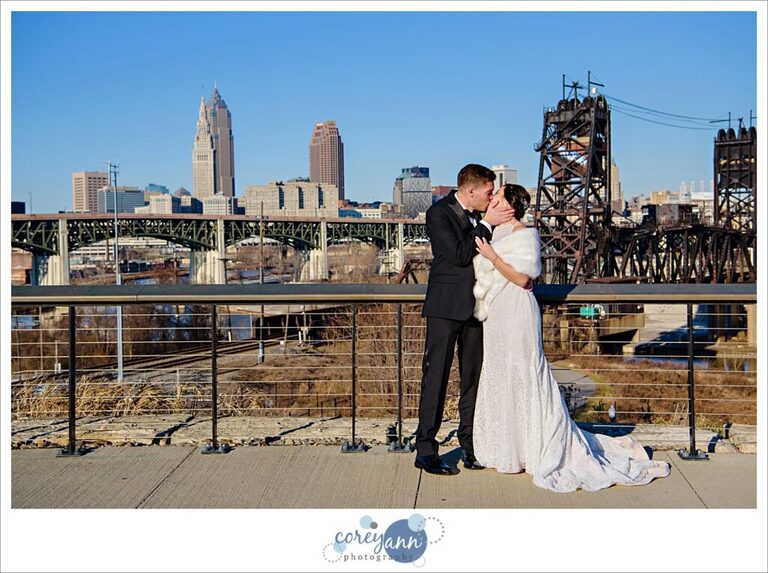 Wedding photos with Cleveland skyline in Tremont