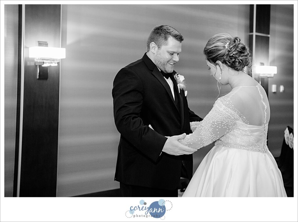 First Look before wedding at Embassy Suites in North Canton