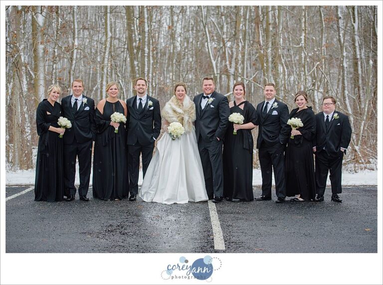 bridal party in snow at boettler park in green ohio