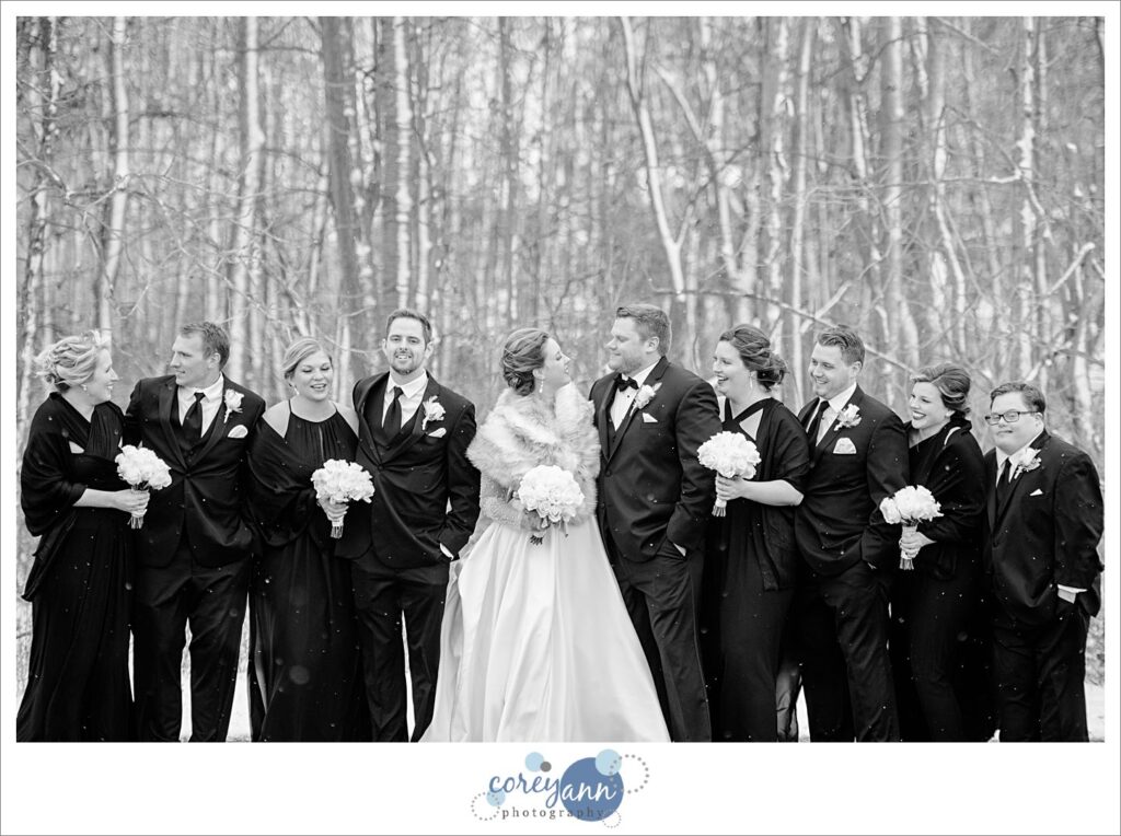 bridal party in snow at boettler park in green ohio