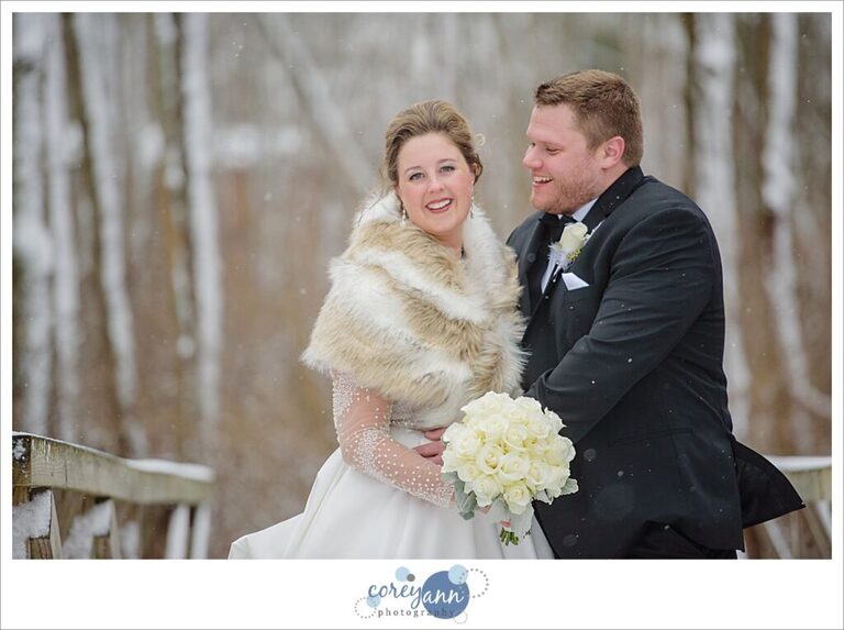 snowy wedding portraits on NYE at boettler park in green ohio