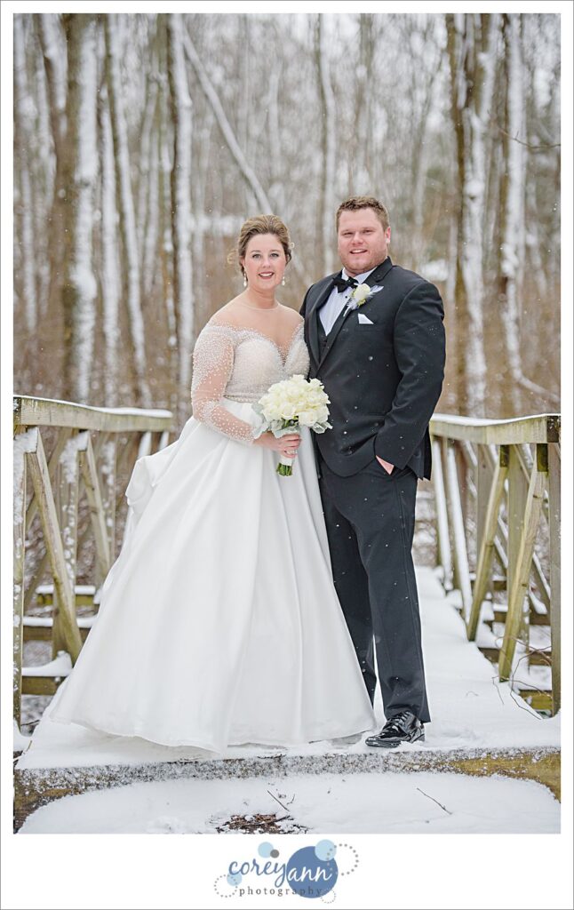 snowy wedding portraits on NYE at boettler park in green ohio