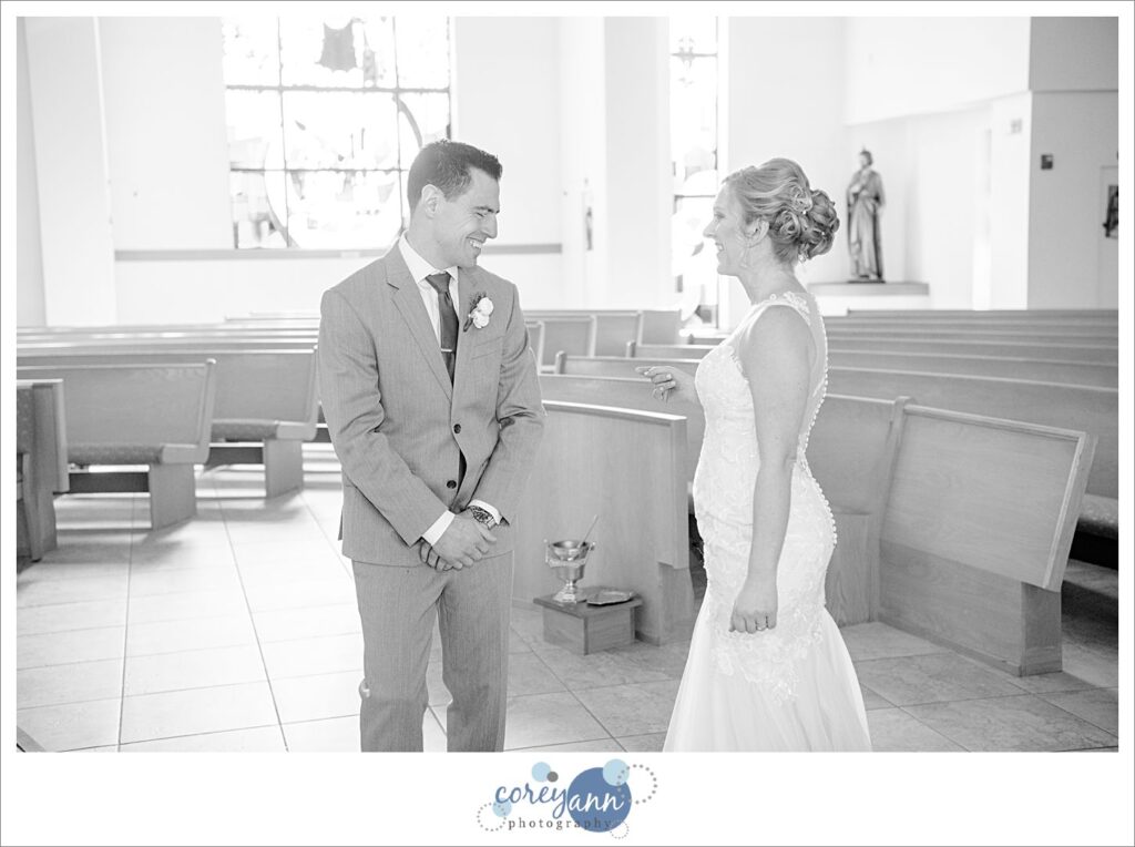 First look before wedding at Walsh University