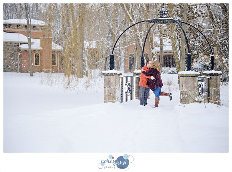 Snowy engagement session at Gervasi Vineyard
