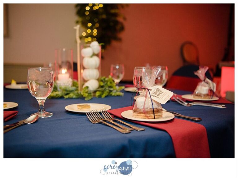 Red and blue wedding reception decor