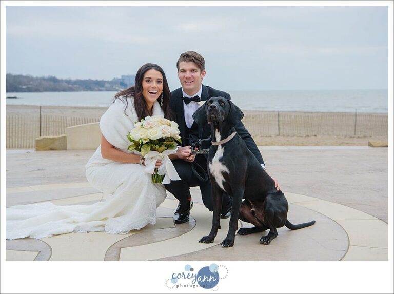 Winter wedding portrait at Edgewater Park with dog