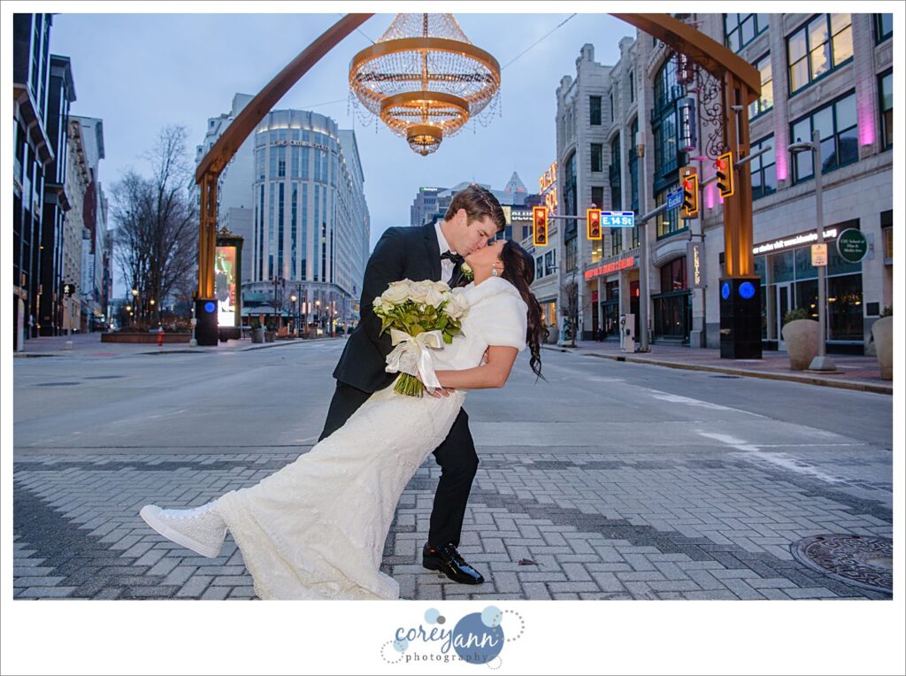 wedding photo at GE chandelier in cleveland