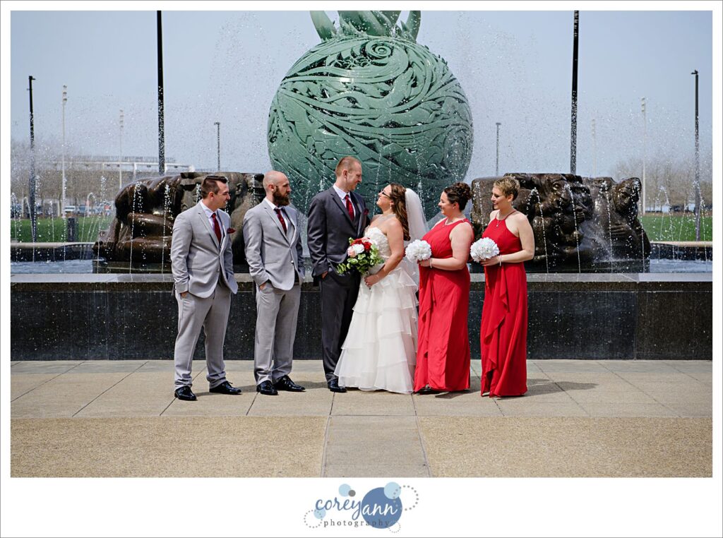 wedding bridal party in grey and red in Cleveland