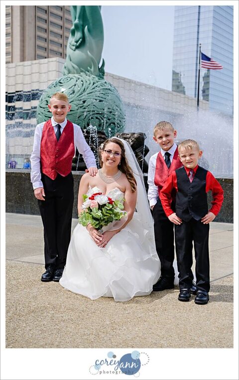 wedding bridal party in grey and red in Cleveland