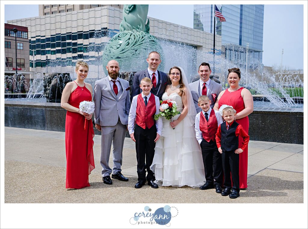 wedding bridal party in grey and red in Cleveland