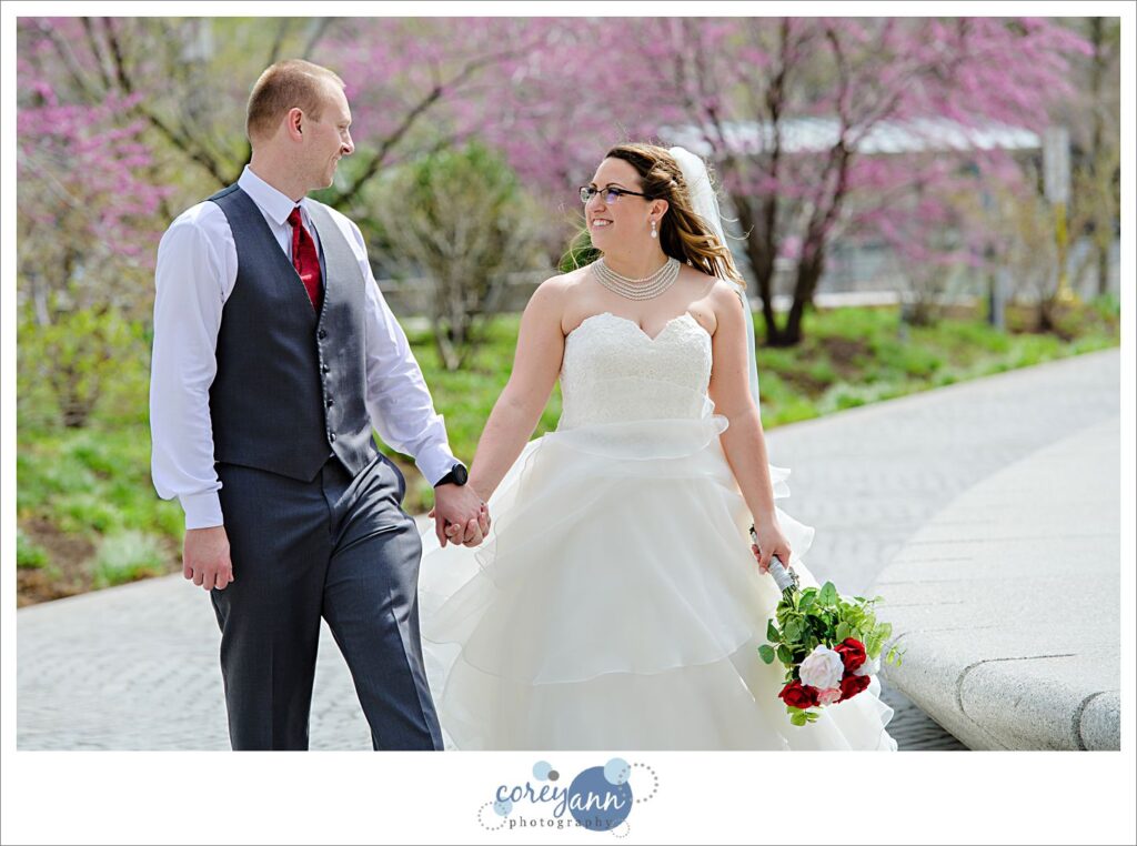 Bride and groom before wedding in Public Square Cleveland