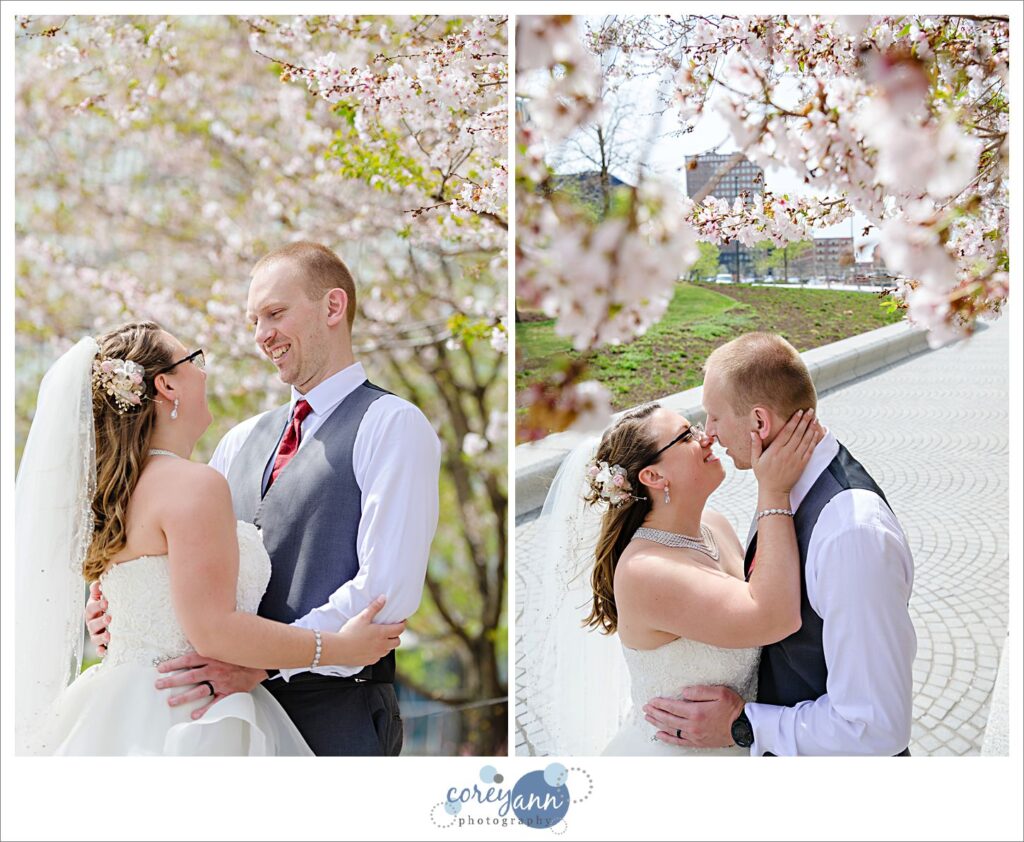 Bride and groom before wedding in Public Square Cleveland