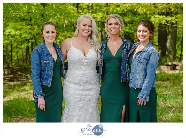 Bride and Bridesmaids in green with jean jackets in Ohio