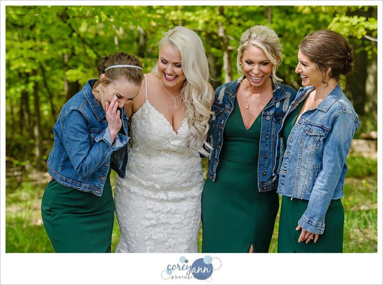 Bride and Bridesmaids in green with jean jackets in Ohio