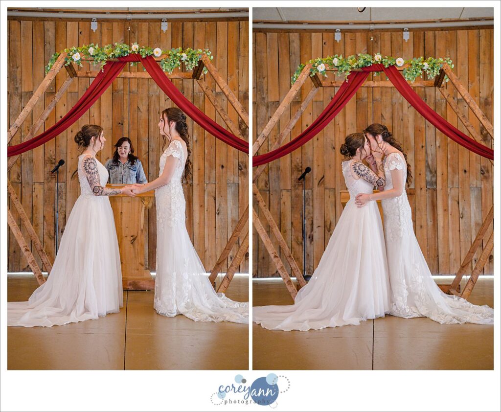 Wedding ceremony with two brides at Brookside Farm 