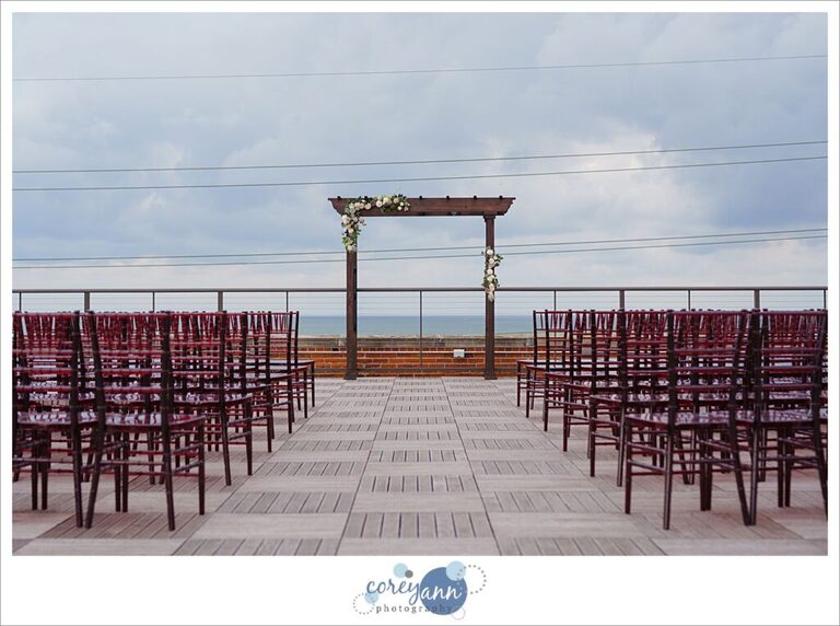 Rooftop space set up for wedding ceremony at Ariel International Center