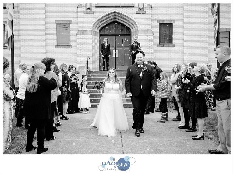 Wedding exit from ceremony with bubbles in Ohio