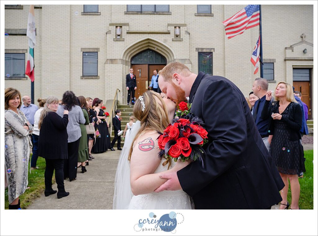 Wedding exit from ceremony with bubbles in Ohio