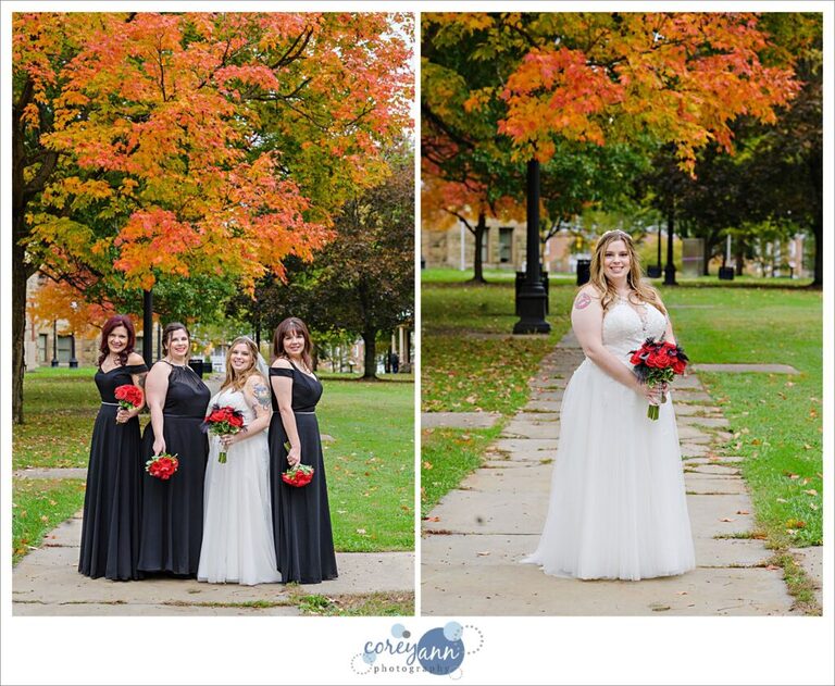 Wedding bridal party photo underneath fall leaves in Warren Ohio