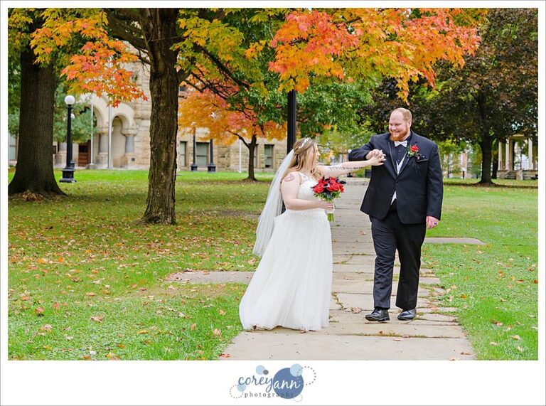 Wedding portrait in autumn of bride and groom in October in Warren Ohio  