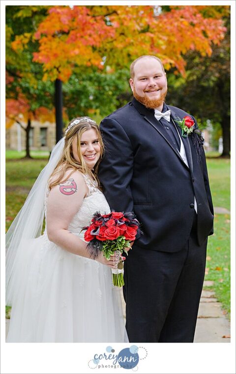 Wedding portrait in autumn of bride and groom in October in Warren Ohio  