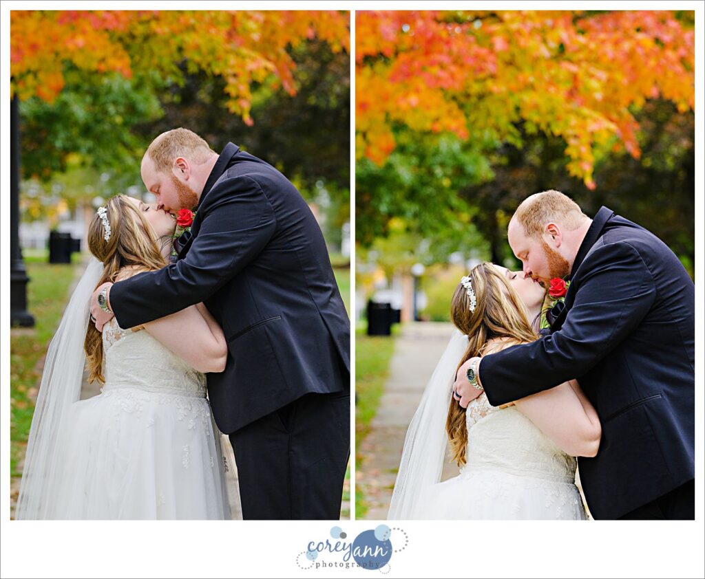 Wedding portrait in autumn of bride and groom in October in Warren Ohio  