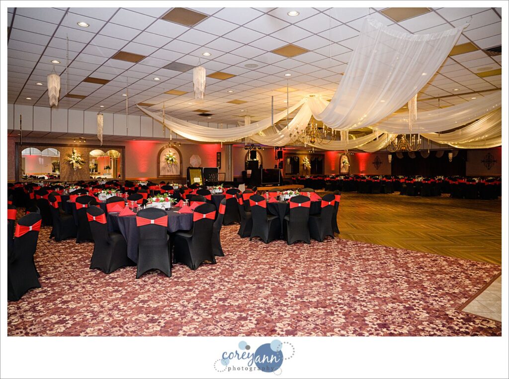 Black and red wedding reception decor at DiVieste's Banquet Centre in Warren Ohio