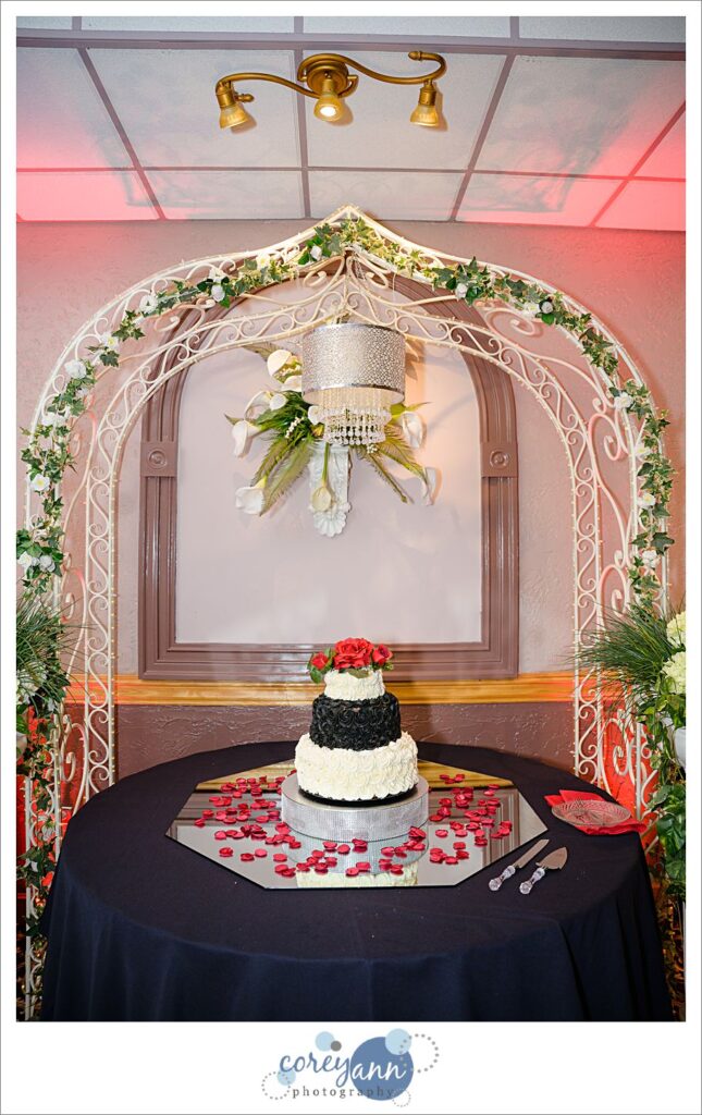 Black and red wedding reception decor at DiVieste's Banquet Centre in Warren Ohio