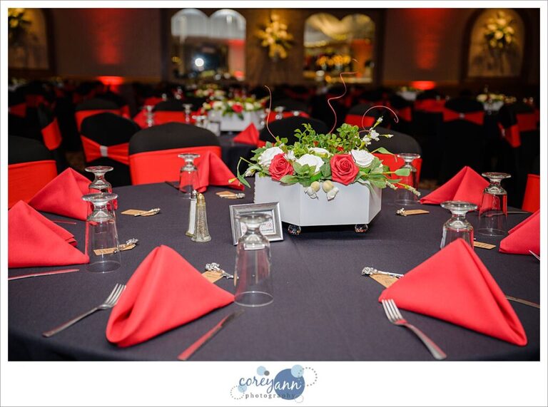 Black and red wedding reception decor at DiVieste's Banquet Centre in Warren Ohio