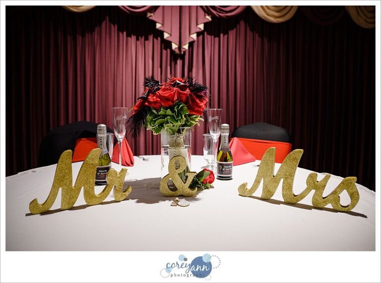 Black and red wedding reception decor at DiVieste's Banquet Centre in Warren Ohio
