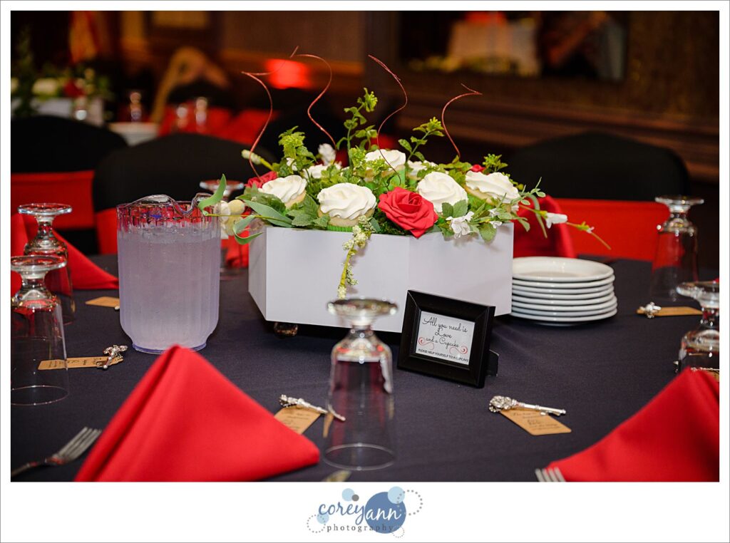 Black and red wedding reception decor at DiVieste's Banquet Centre in Warren Ohio