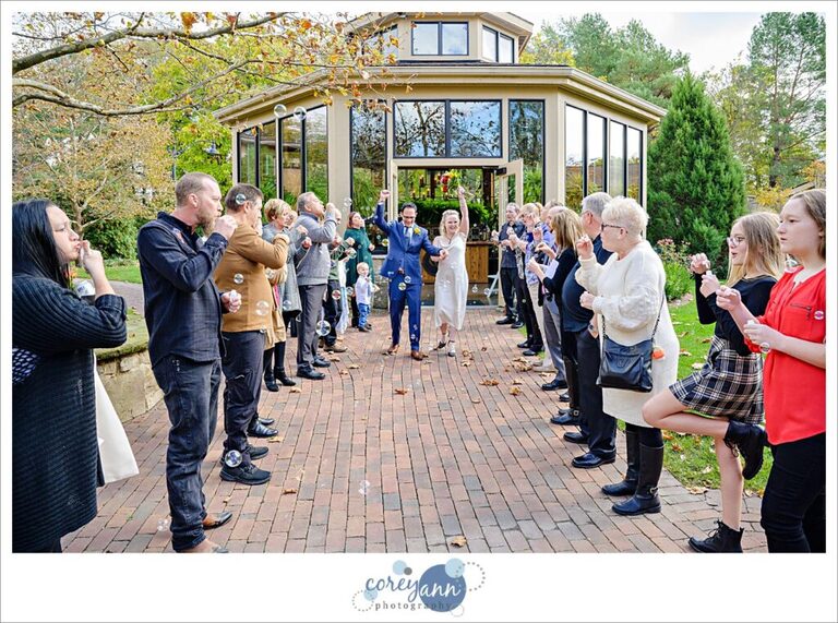 Wedding guests blowing bubbles at bride and groom at Gervasi Vineyard in Ohio.