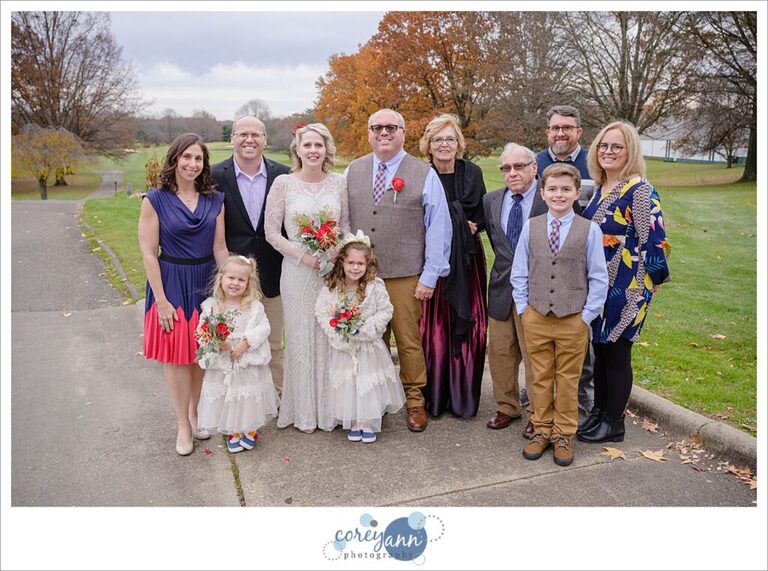 Family portrait for a wedding outside at Prestwick Country Club in November
